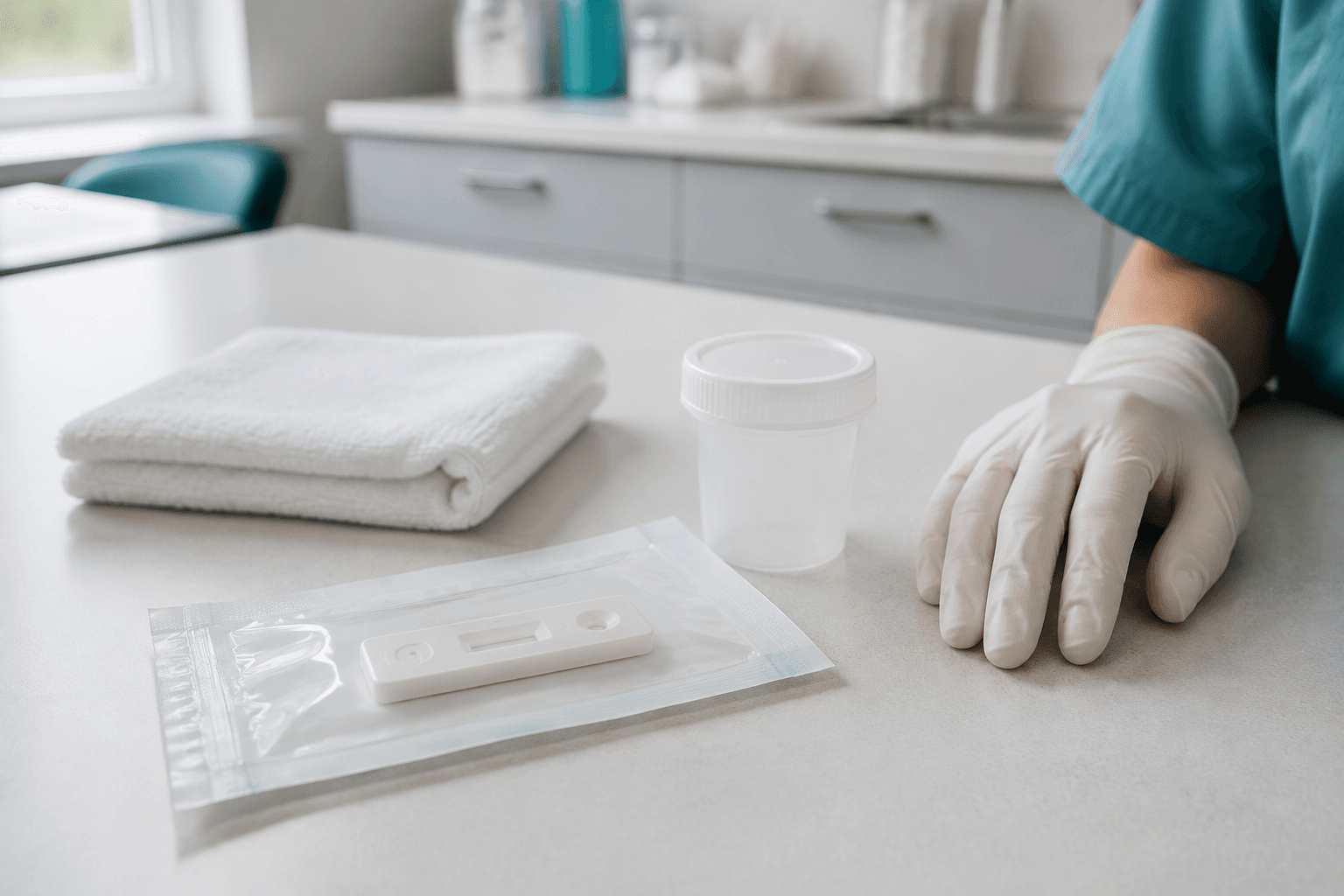 Illustrative pregnancy testing supplies on a clinical counter